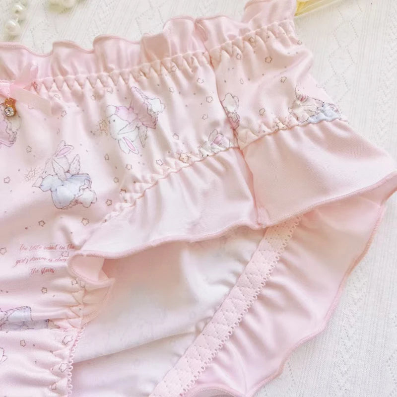 Women Milk Silk Cute Lovely Sweety Panties Cartoon Lolita Ruffle High Elasticity Smooth Underwear Breathable Low Waist Breifs