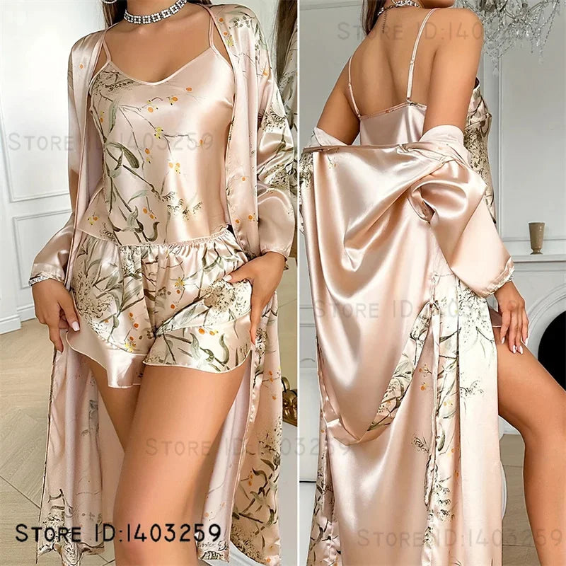Large Size Female 3PCS Robe Pajamas Set Sexy Print Flower Kimono Batrobe Gown Spring Summer Sleepwear Homewear Satin Loungewear