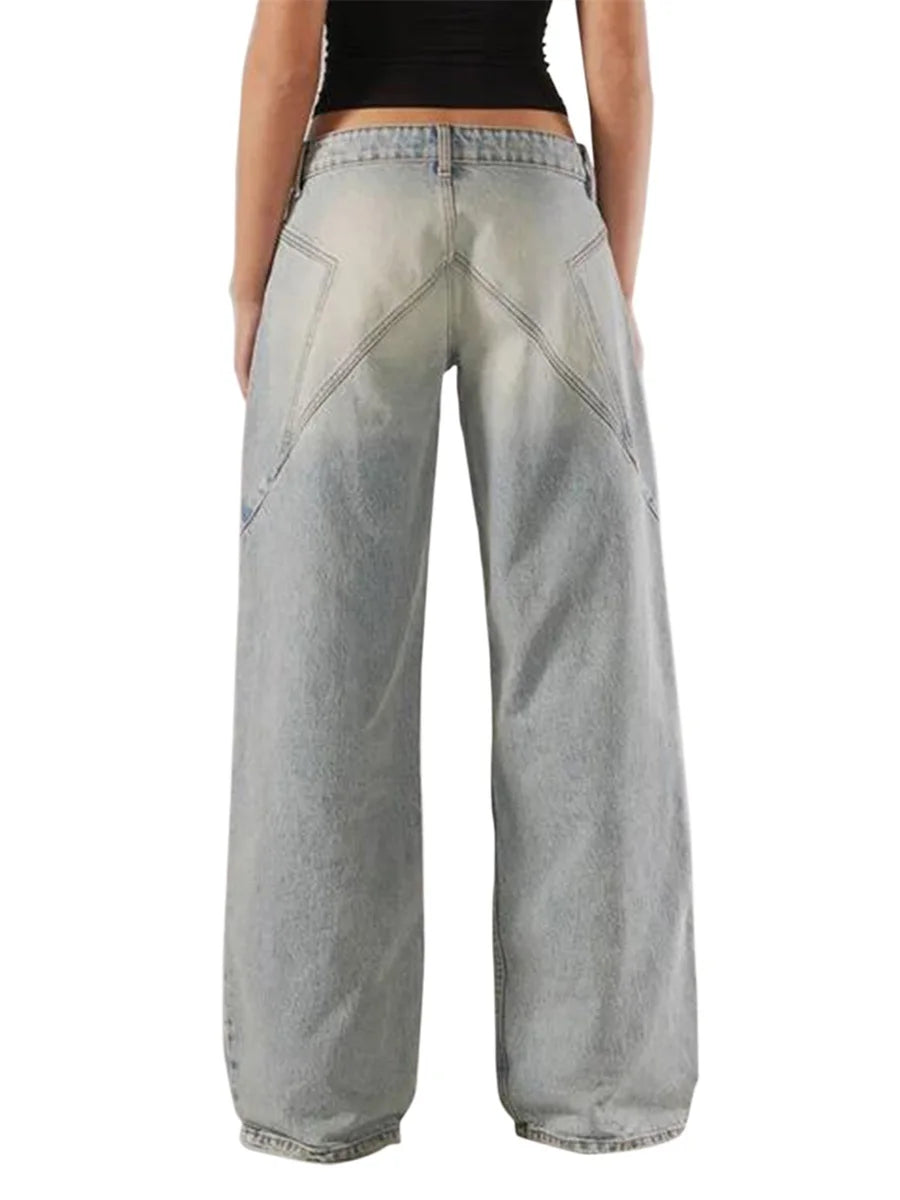 Women's Fall Jeans with Pockets Fashion Loose Fit Casual Solid Low Rise Wide Leg Denim Pants