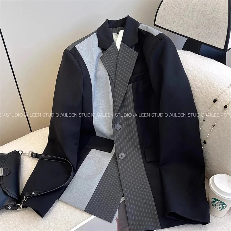 Women's Suit Coat 2025 Spring Autumn Design Sense Splicing Temperament Ladies Blazer Jacket Fashion Versatile Female Outerwear