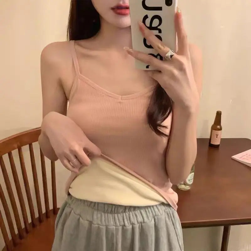2PCS Women Winter Warm Underwear T-shirt Set Solid Color Thermal Casual Nightwear Sexy Elasticity Thin  Velvet Sleeveless Tops