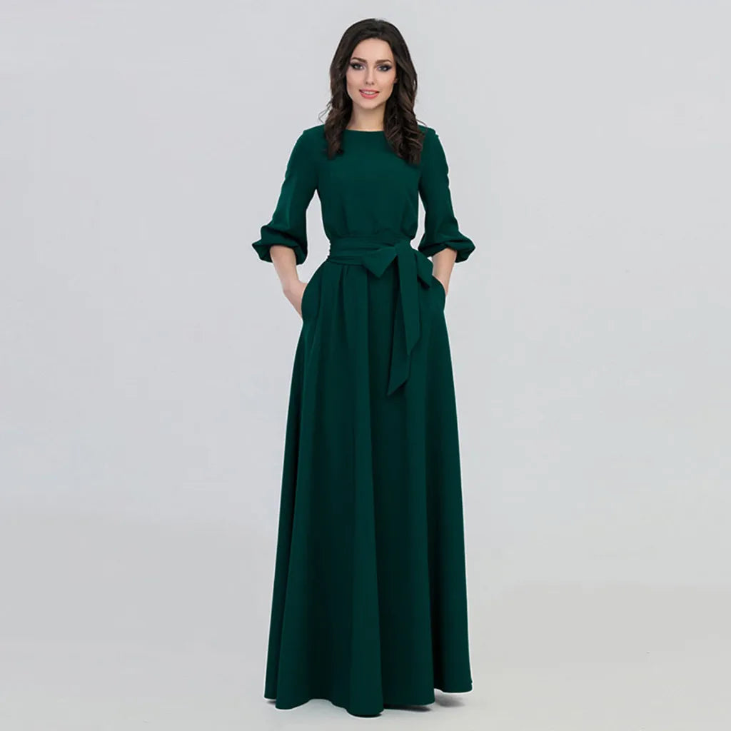 Women's Long Sleeve Dress A Line Solid Tie Up Waisted Formal Dresses For Women Vintage O Neck Medieval Long Dresses For Women