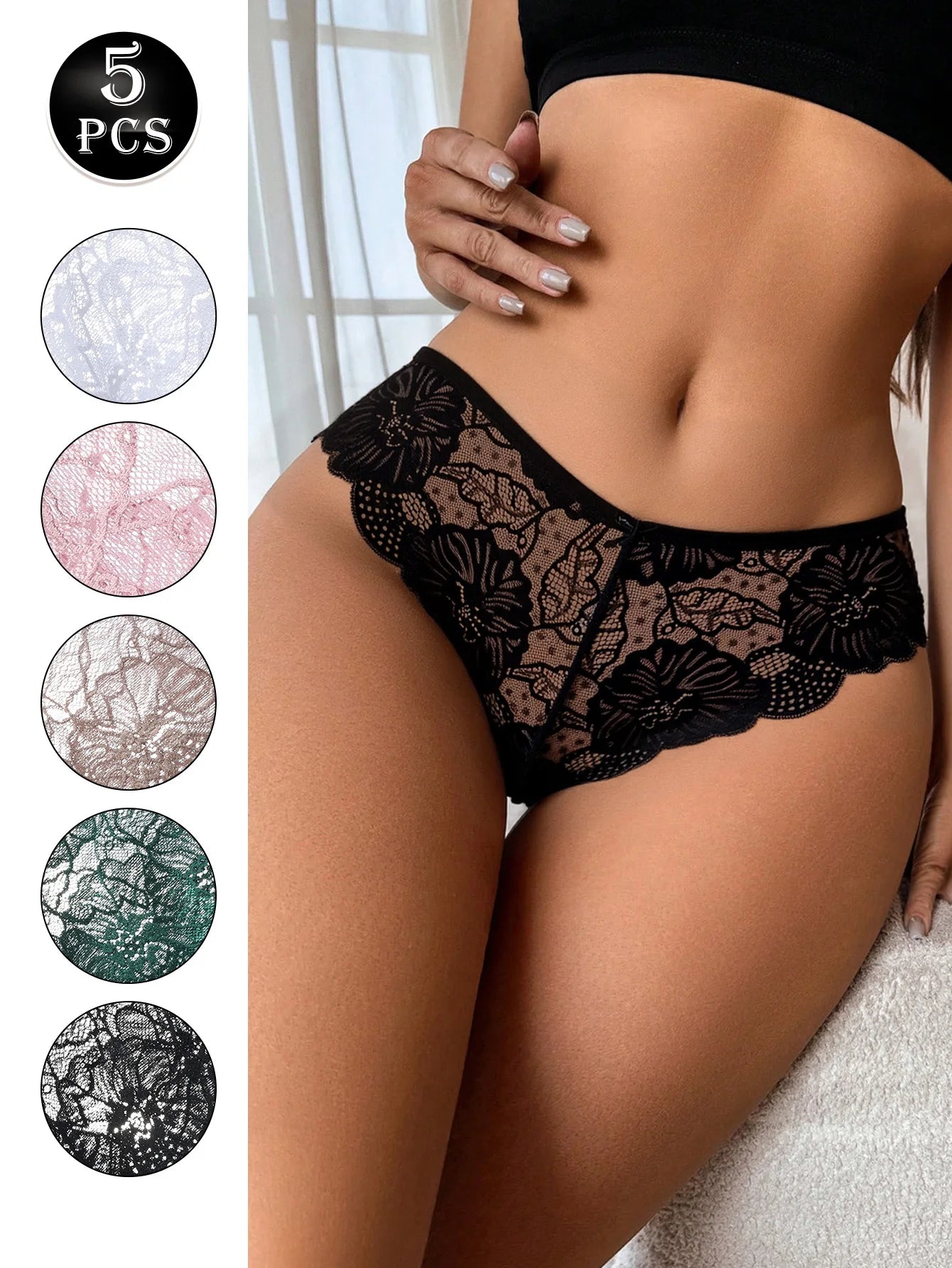 5PCS Women Floral Lace Panties Sexy Perspective Underwear Low Waist Solid Underpants Breathable Intimates Female Lingerie M-XL