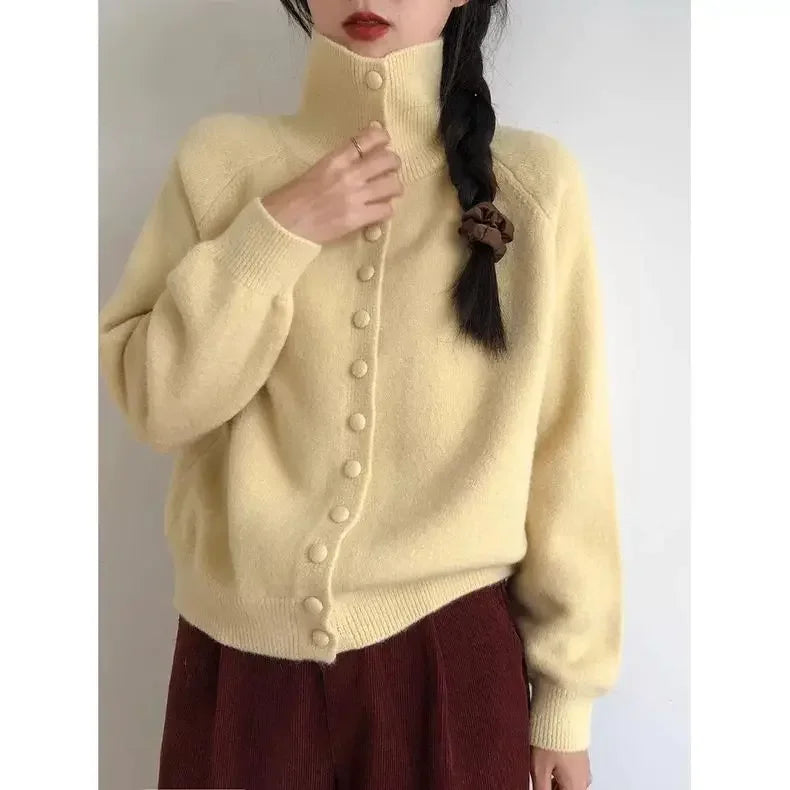 Autumn Winter New Women Sweater Coats Korean Lazy Wind Sweet Fashion Solid Turtleneck Button Cardigan Long Sleeve Knitted Tops
