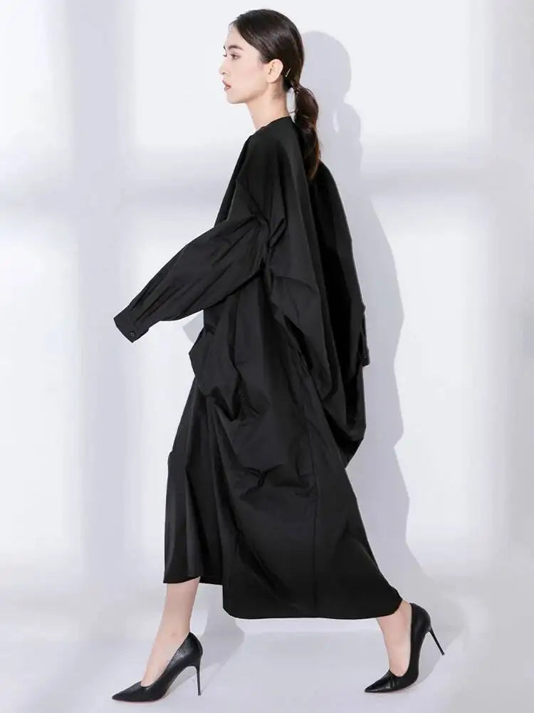 EAM Women Black Big Size Irregular Pleated Dress New Round Neck Long Sleeve Loose Fit Fashion Tide Spring Autumn 2026 31A0020