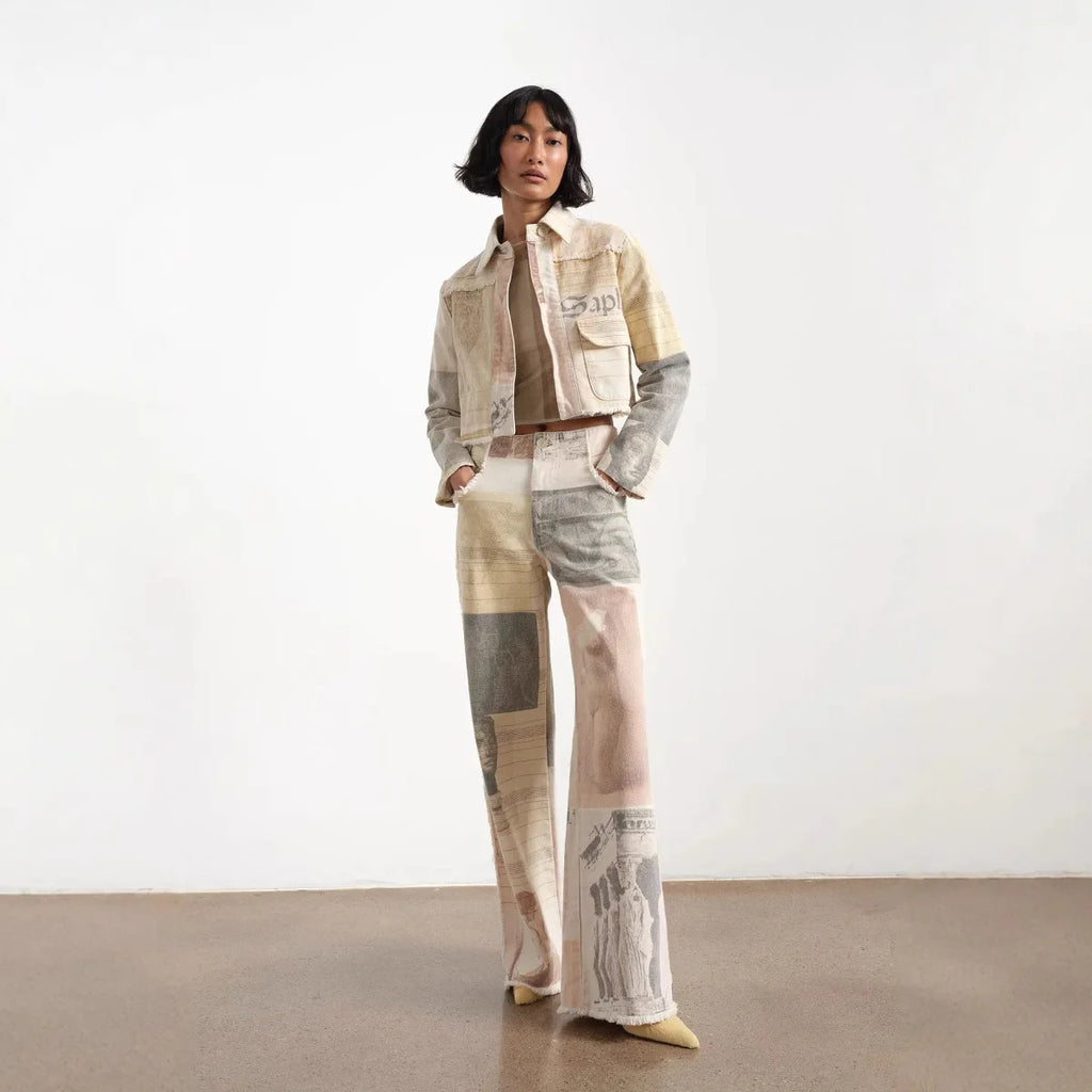 Women's Off White Wide Leg Jeans American Retro Loose Fit Printed Design Floor Length Denim Pants High Waist Trousers