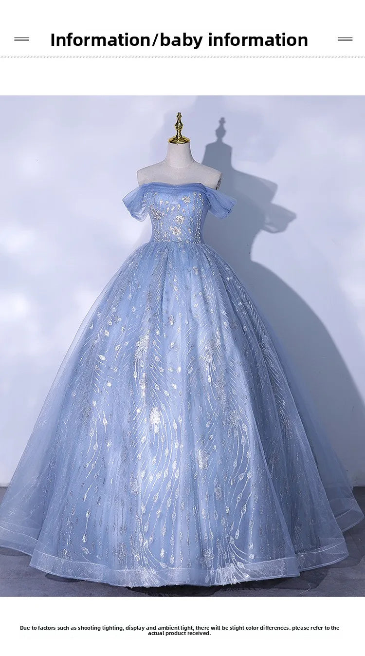 One Shoulder Evening Dress 2026 Summer New Haze Blue Vocal Art Exam Piano Performance Puffy Skirt Annual Meeting Evening Dress