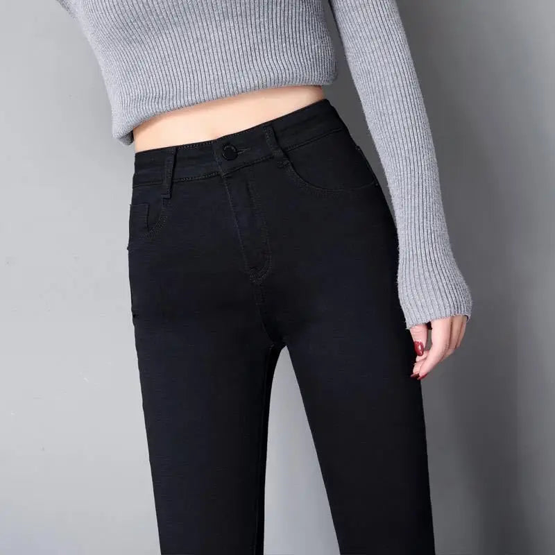 High Waist Women's Skinny Jeans Elastic e ey Slimming Versatile Long Pants Korean Sle Cotton Stretch Denim
