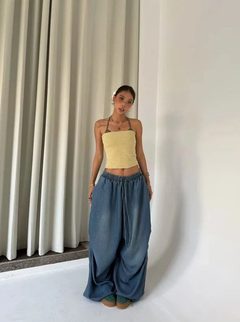 Autumn Oversized Women Wide Leg Jeans Y2K Hip Hop Streetwear Loose Denim Pants High Waist Drawstring All Match Straight Trousers