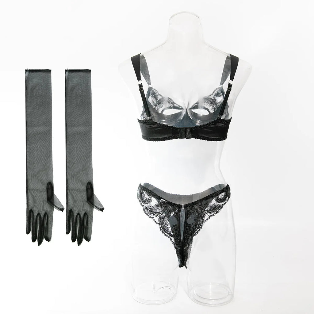 Krasapt New Fashion Sexy Hollow Out Satin Splicing Sexy Female Underwear Women's Embroidery Lingerie Set With GLoves Intimates