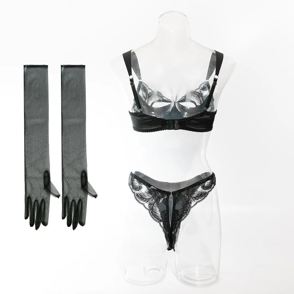 Krasapt New Fashion Sexy Hollow Out Satin Splicing Sexy Female Underwear Women's Embroidery Lingerie Set With GLoves Intimates