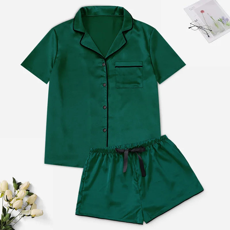 New Female Short Sleeve Shorts Pajamas Set Spring Summer Satin Sleepwer Pijamas Suit Loose Solid Green Home Wear Loungewear