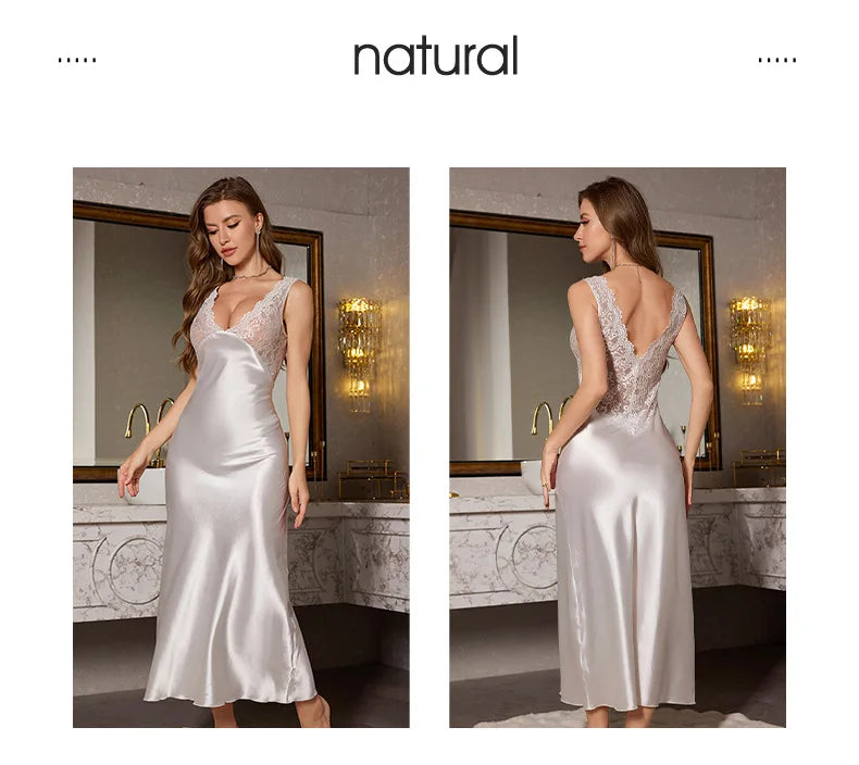 Super Fashionable Nightwear Dresses for Ladies Sexy Long Style Lace Edge Strap Slimming Elegant Long Sleeping Dress