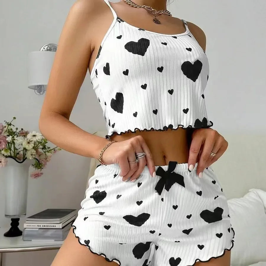 Casual Love Printing Women's Pajamas Set Sleepwear 2 PCS Short Tank Tops and Shorts White Ventilate Soft Homewear Nightwear