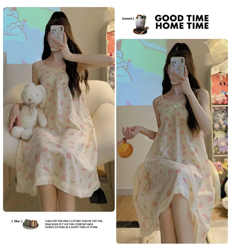 With Chest Cushion Halter Nightgown Female Summer Floral Breathable Thin Section of the Princess Style Loose Knee-Length Pajamas