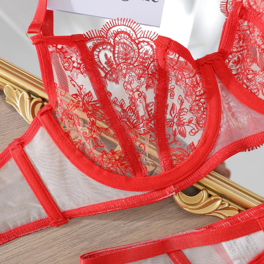 Diccvicc Lingerie Sexy Sheer Vintage Embroidery Mesh Bra Garter Belt Set Elegant Women Underwear Exotic Apparel Lace Intimates