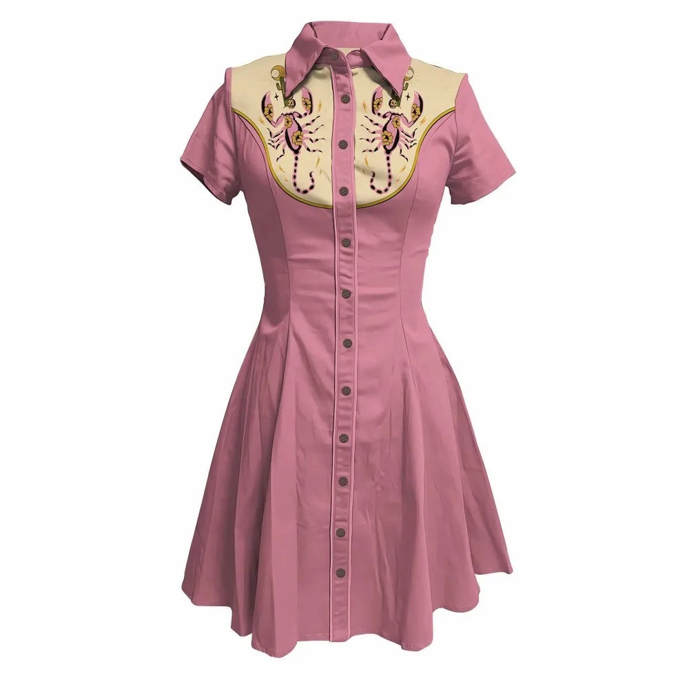 Flowers and Scorpions Printed Western Cowboy Dress for Women Sexy Girly Button-down Dress Short Sleeves 100% Cotton Summer Dress