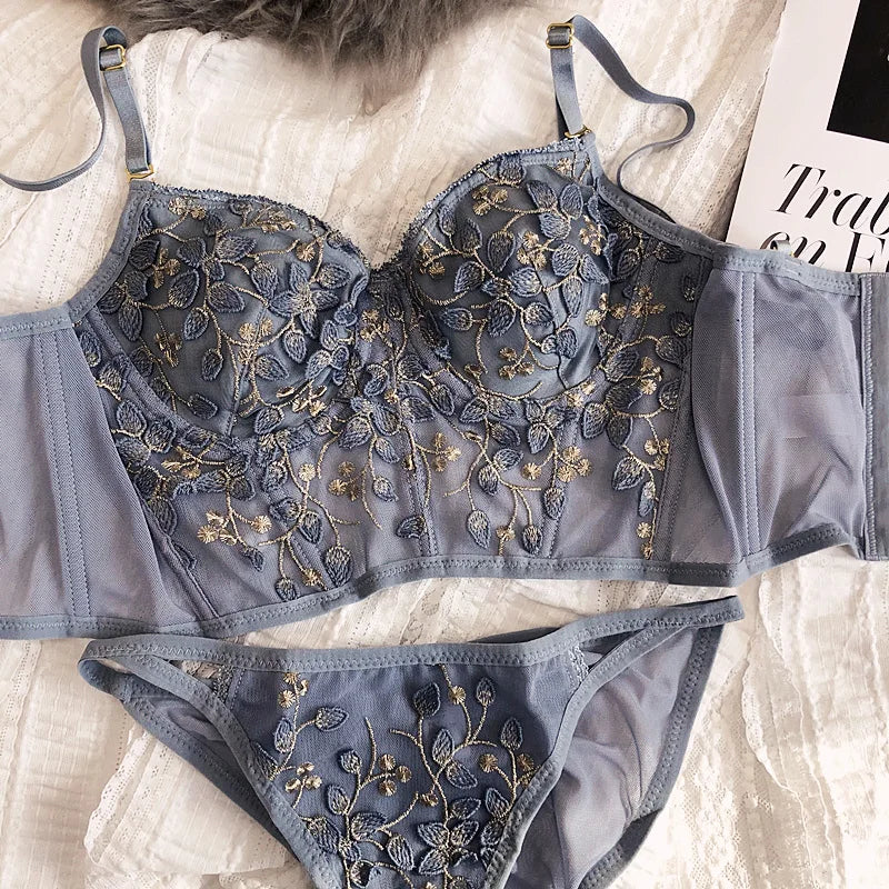 2 Pieces Sexy Lace Flowers Embroidery Underwear Set for Women French Body Shaping Push Up Bra Set Romantic White Lingerie Sets