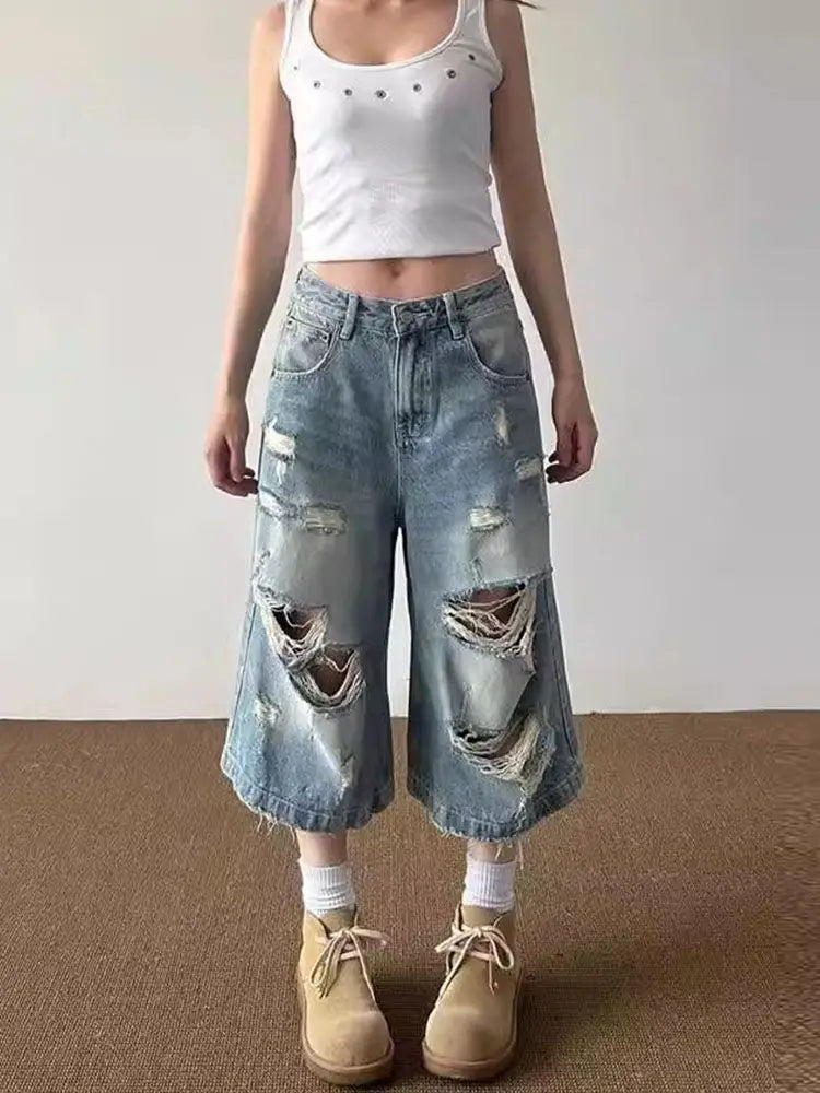 HOUZHOU Vintage Ripped Baggy Short Jeans Women Grunge Distressed Oversized Jorts Y2k Retro Punk Streetwear Wide Leg Denim Shorts