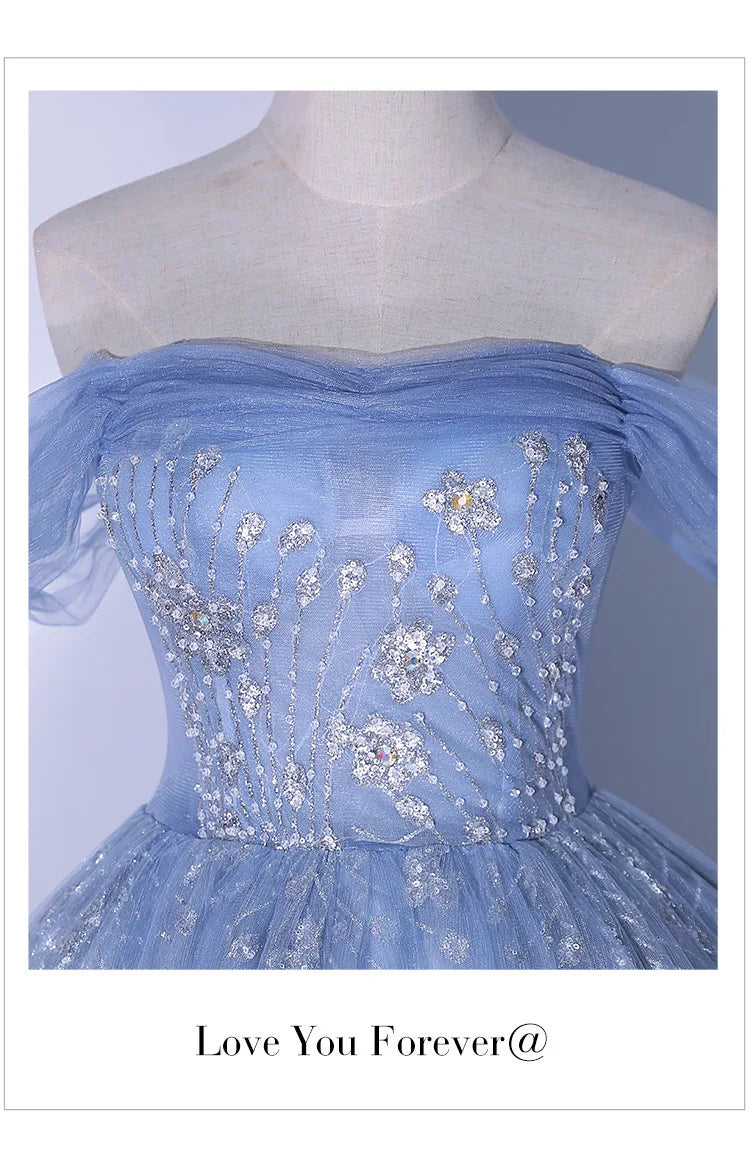 One Shoulder Evening Dress 2026 Summer New Haze Blue Vocal Art Exam Piano Performance Puffy Skirt Annual Meeting Evening Dress