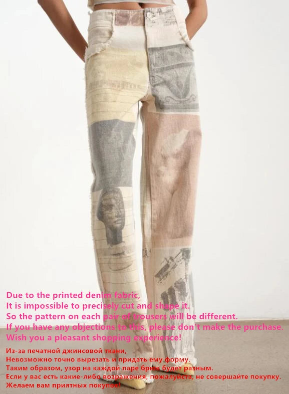 Women's Off White Wide Leg Jeans American Retro Loose Fit Printed Design Floor Length Denim Pants High Waist Trousers