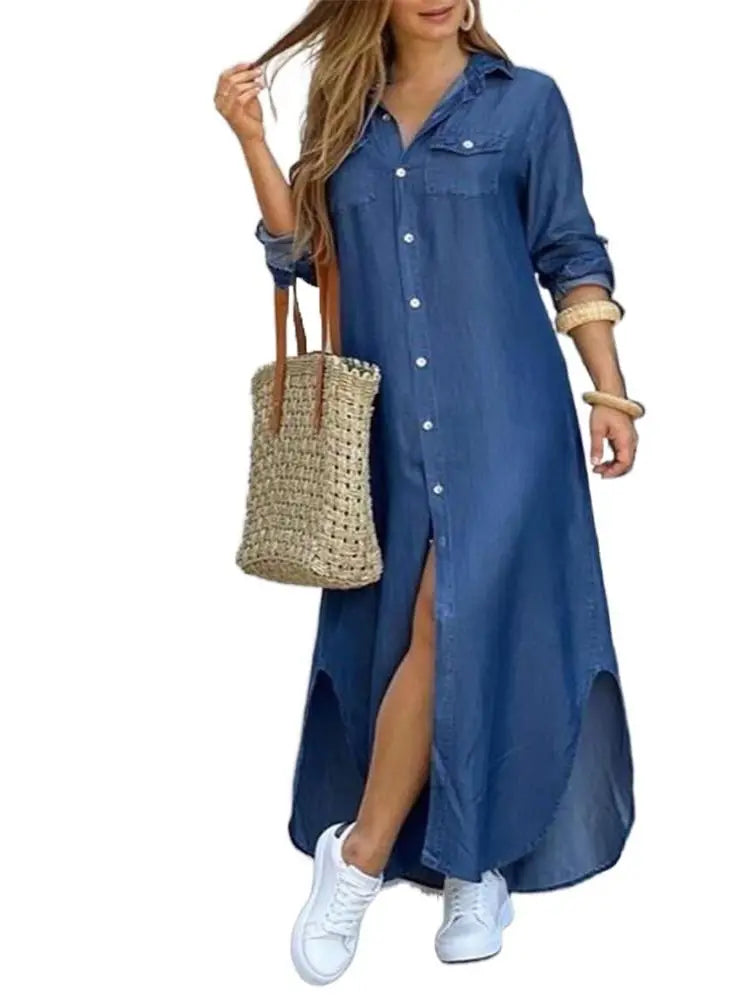 Camouflage Leopard Letters Floral Printed Dresses for Women 2025 Buttons Long Sleeve Loose Split Casual Solid Maxi Dress Robe