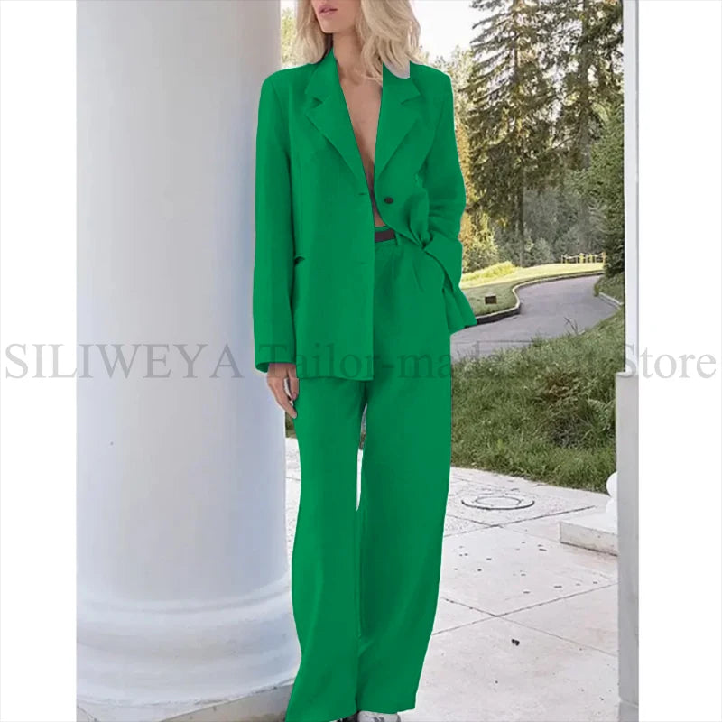 Elegant Light Blue Linen Women Suit Single Brested Jacket Pants 2 Piece Female Clothing Loose Casual Office Lady Balzer Set