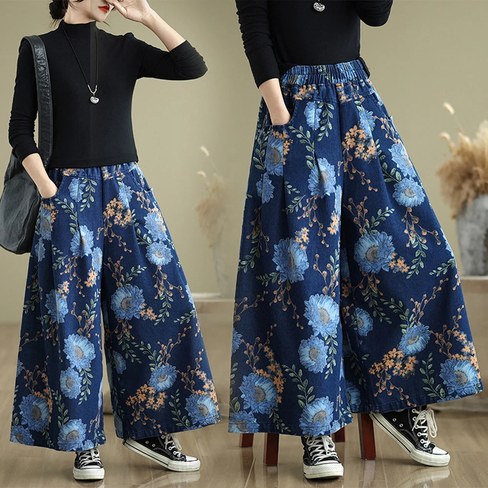 NYFS 2025 New Summer Vintage Print Woman Jeans Loose Plus size Trousers Elastic Waist Denim Wide Leg Pants