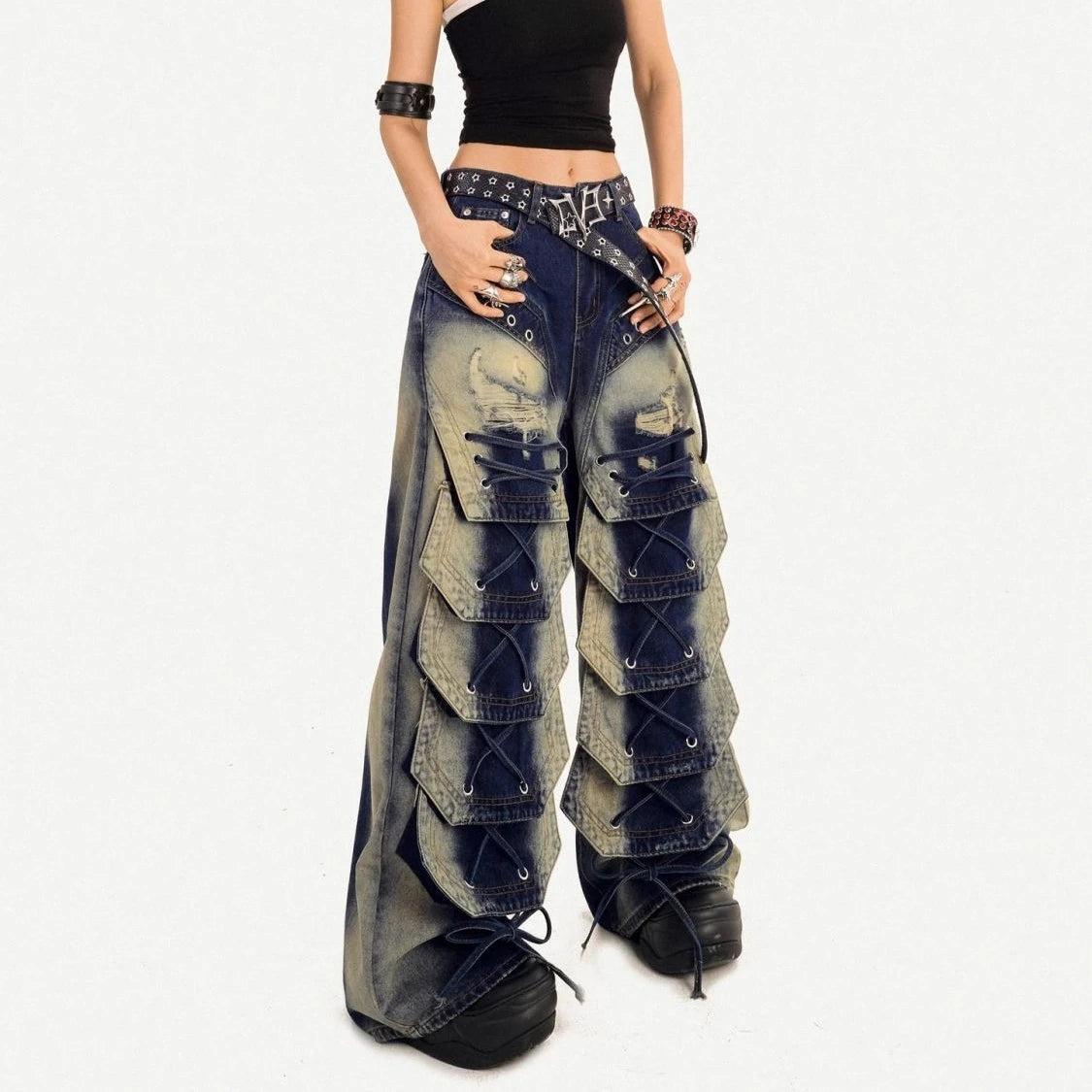 American Vintage Heavy Wash Wid Leg Pants Punk Style Y2K Goth Slim Personalized Streetwear Fairycore Jeans Lace Up Design Pants