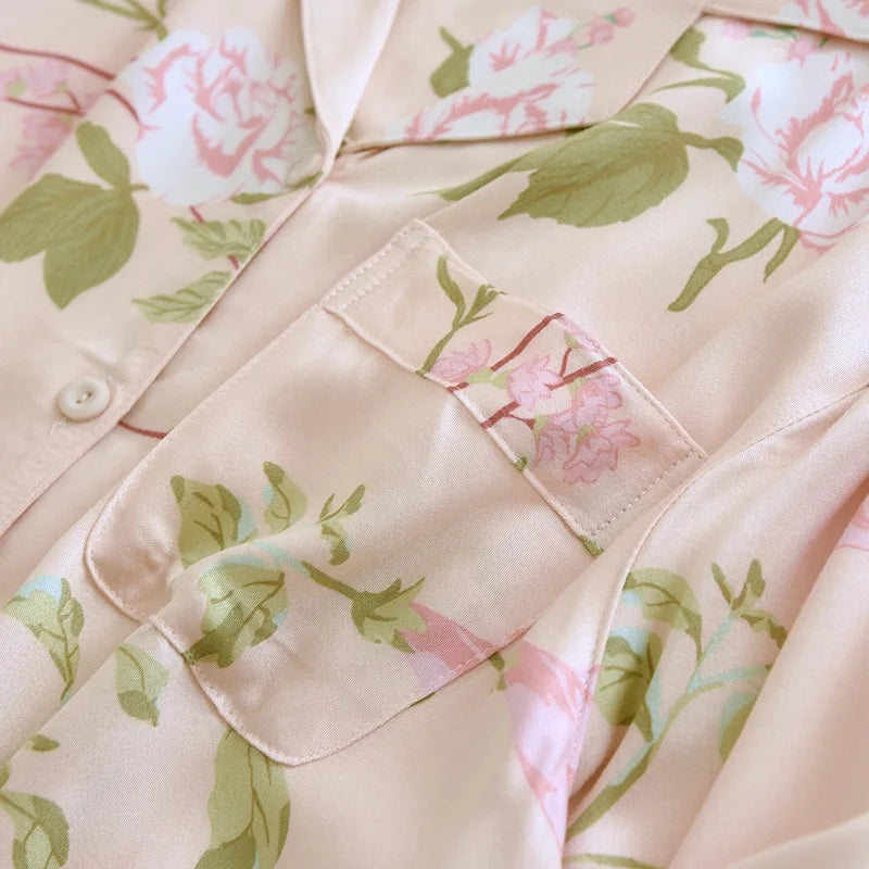 2023 Spring/Summer New Women's Pajama Set Gongsatin Cotton Women's Pajama Silk 100% Viscose Polka Dot Print Sleepwear 2-Piece