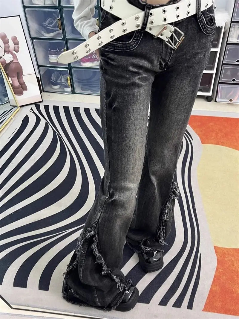 New high street retro hottie micro-flare jeans women American Y2k autumn and winter raw edge splicing slim trousers