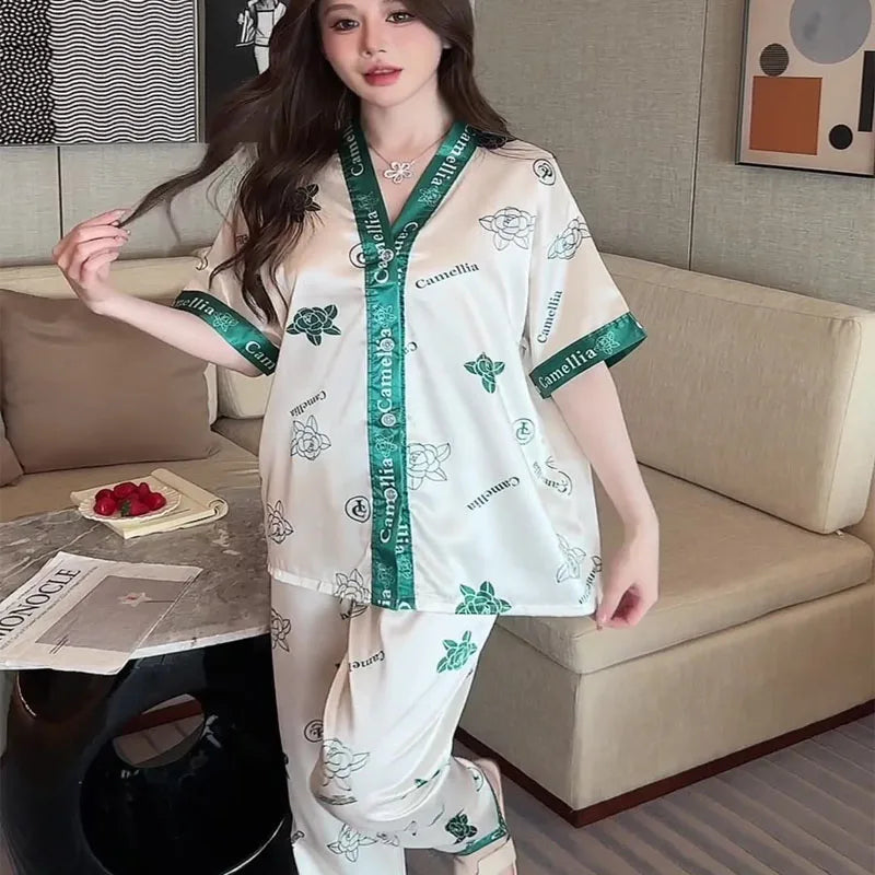 2 Pieces/Set Ladies Pajamas Ladies Homewear Women's Ice Silk Short Sleeve Long Pants Set Large Bear Pajamas Girls Clothes Lounge