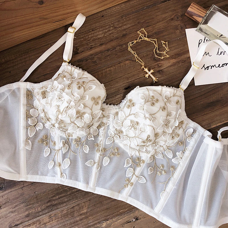 2 Pieces Sexy Lace Flowers Embroidery Underwear Set for Women French Body Shaping Push Up Bra Set Romantic White Lingerie Sets