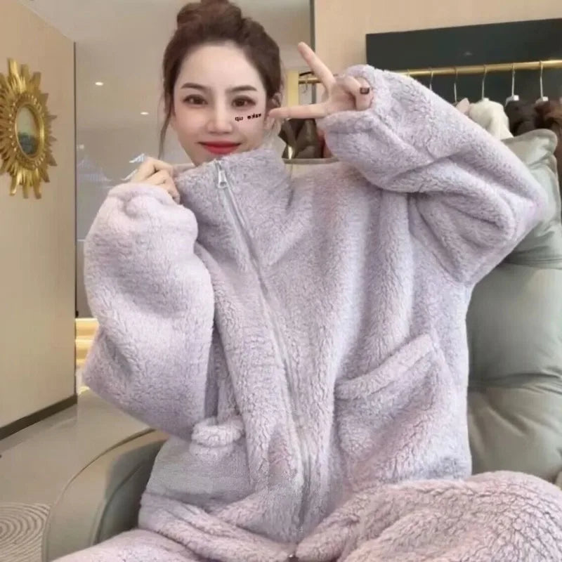 Winter Coral Velvet Pajamas Women Thickened Warm Zipper Loungewear Two-Piece Set Large Size Long Sleeves Sleepwear Homewear
