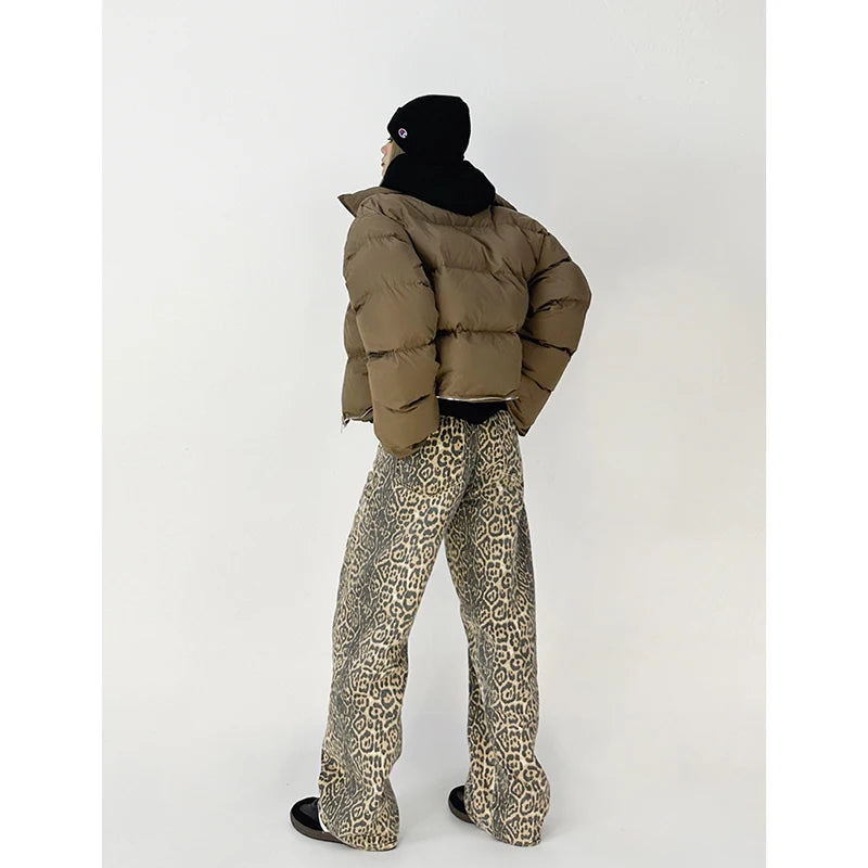 American Retro High Street Casual Overalls Leopard Print Loose Wide Leg Pants For Women Y2k Hip-hop Cargo Grunge Baggy Trousers