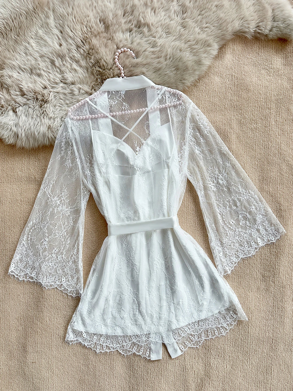 Sexy Elegant Pure Color Mesh Nightgown Set Transparent Lace Robe Sleepwear Casual Comfortable Women's pajamas