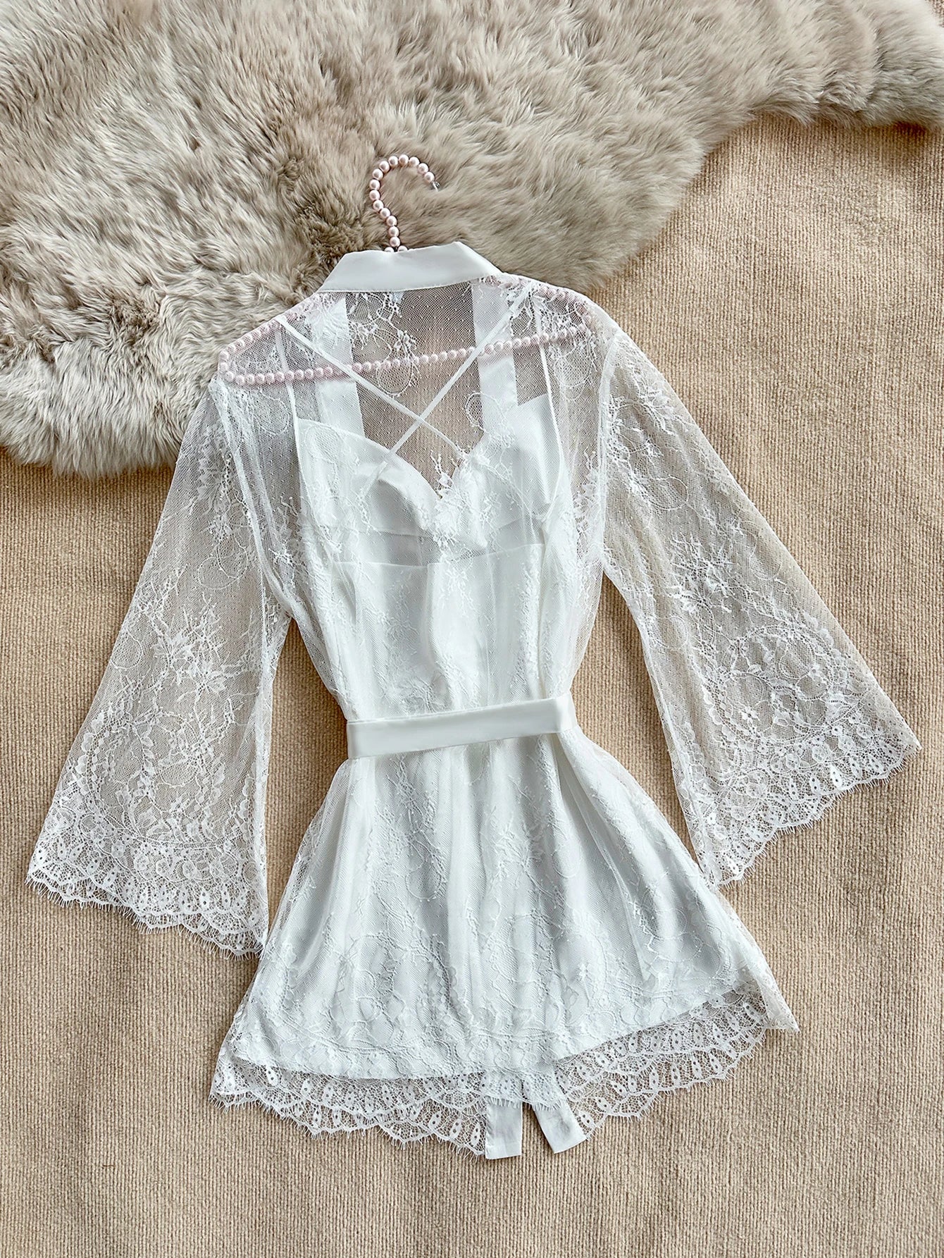 Sexy Elegant Pure Color Mesh Nightgown Set Transparent Lace Robe Sleepwear Casual Comfortable Women's pajamas
