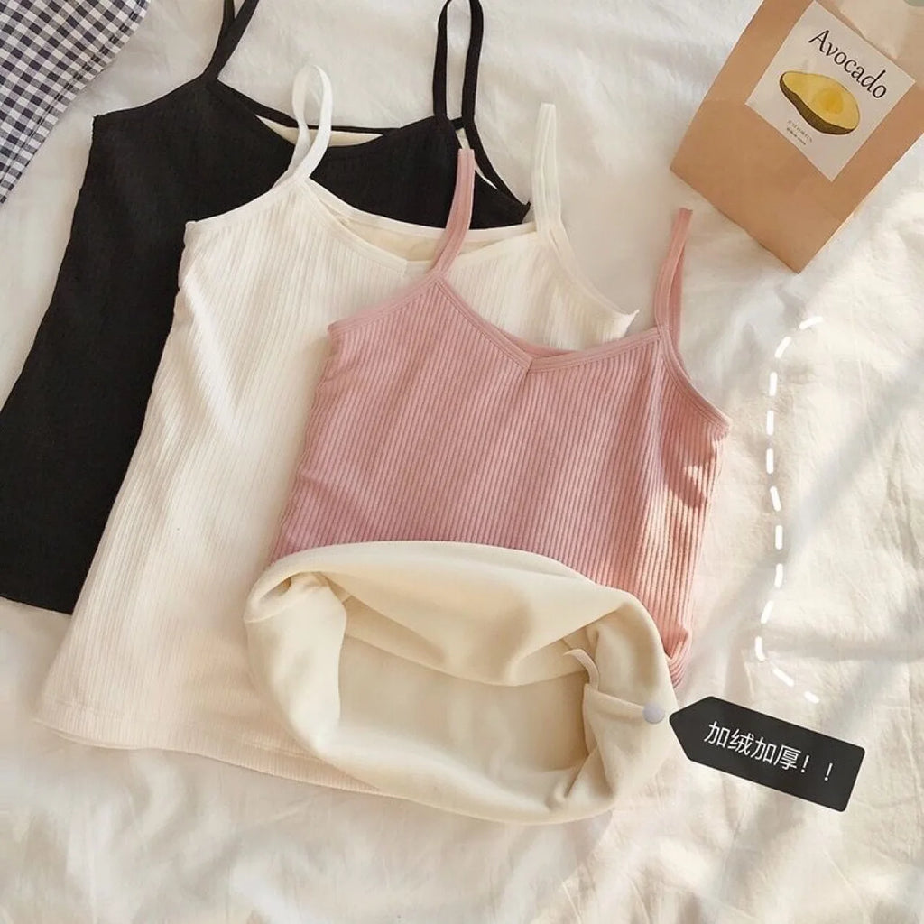 2PCS Women Winter Warm Underwear T-shirt Set Solid Color Thermal Casual Nightwear Sexy Elasticity Thin  Velvet Sleeveless Tops
