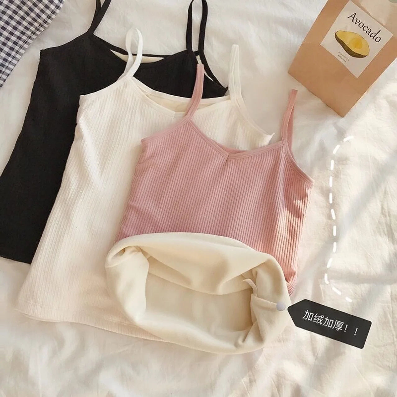 2PCS Women Winter Warm Underwear T-shirt Set Solid Color Thermal Casual Nightwear Sexy Elasticity Thin  Velvet Sleeveless Tops
