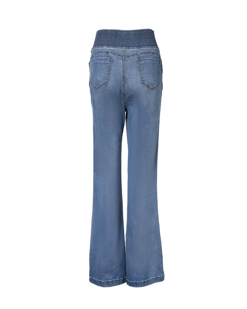 Spring Women Causal Jeans Back Shirred Button Front High Waist Jeans Denim Flare Pants