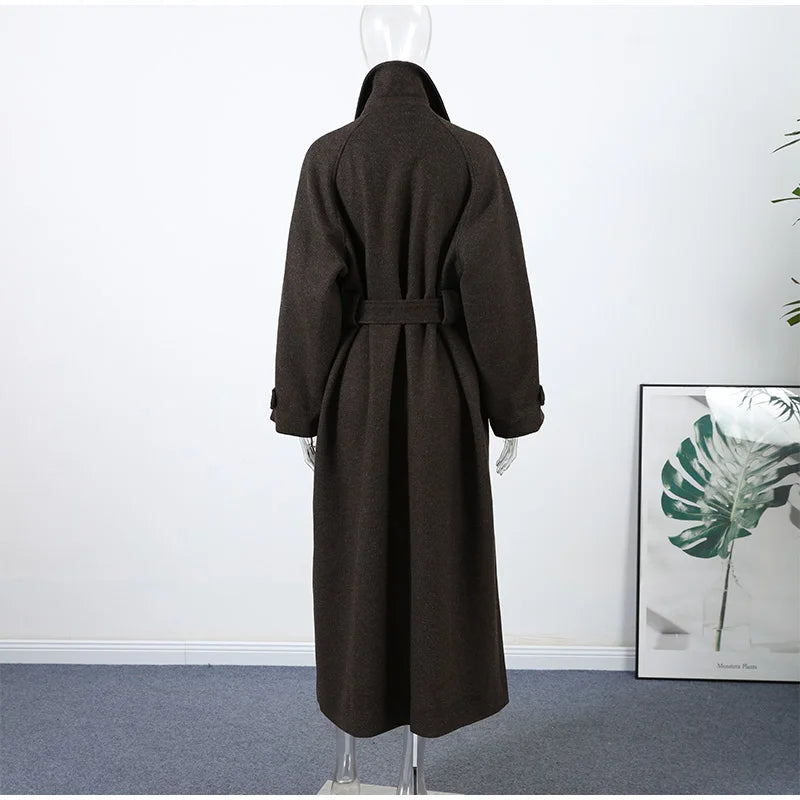 Elegant Stand Collar Long Woolen Coat Women Loose Full Sleeve Single Breast Warm Overcoat 2026 Spring Lady Outwear New