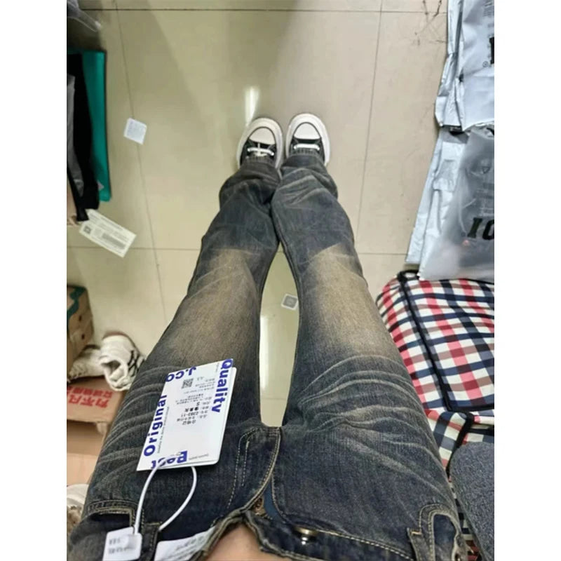 Women's Grey Flare Jeans Vintage Korean High Waist Cowboy Pants Harajuku Denim Trousers 90s Aesthetic Y2k Emo 2000s Clothes 2024