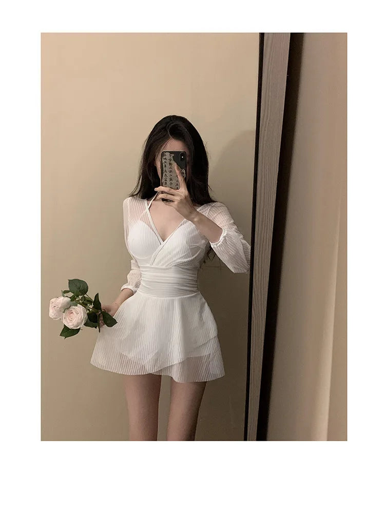 Swimsuit Women's One-piece Dress Style Conservative Belly-covering and Slimming Hot Spring Long-sleeved Sun Protection Vacation
