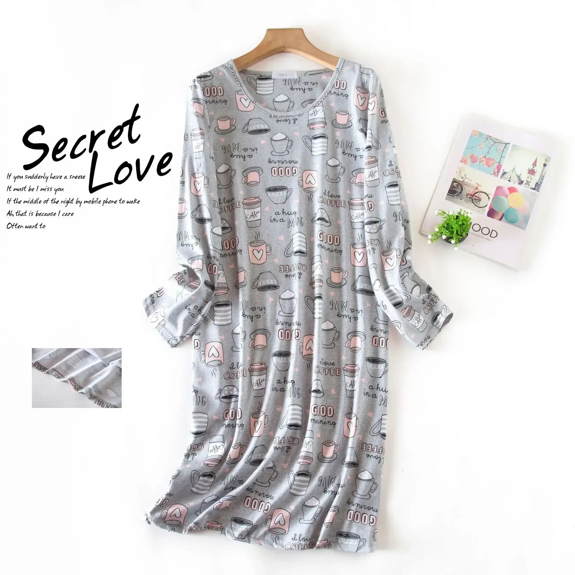Knitted Cotton Women Plus Size Lingere Nightgown Loose Nightdress Long Sleeve Night Gown Cute Cartoon Home Dress Sexy Sleepwear