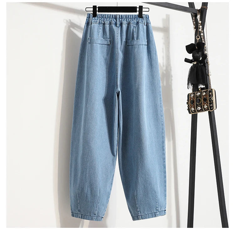 Oversized Women Jeans Spring Elastic Waist Wide Leg Loose Denim Harem Pants Large Size Female Baggy Pants