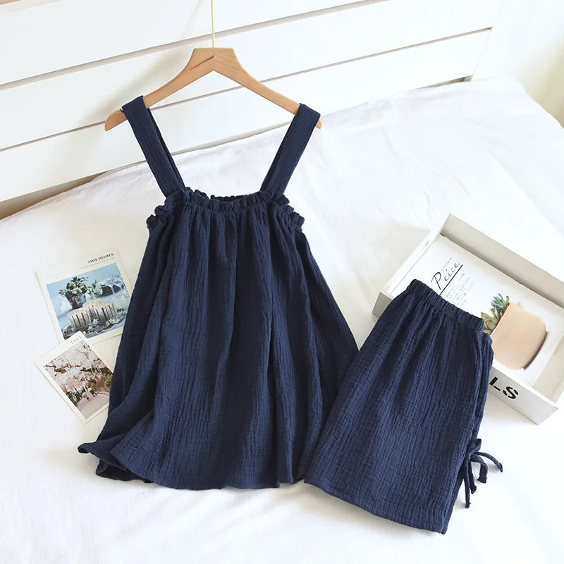 Fdfklak Pijamas Sexy Mujer Summer Sleeveless Gauze Cotton Women's 2 Piece Set Pyjamas Elegant New Soft Home Nightwear