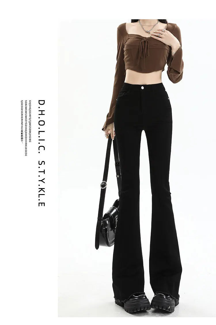BIVIGAOS 2025 New Autumn Spring Micro Flared Jeans Women High Waist Slim Tight Retro Tassel Hem Stretch Denim Horseshoe Pants