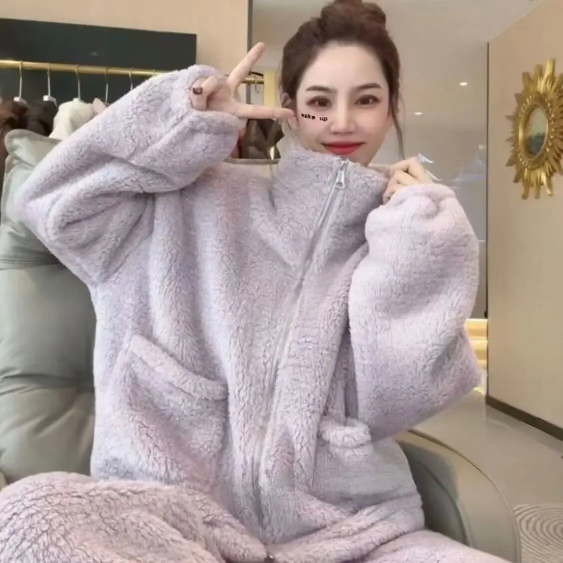 Winter Coral Velvet Pajamas Women Thickened Warm Zipper Loungewear Two-Piece Set Large Size Long Sleeves Sleepwear Homewear