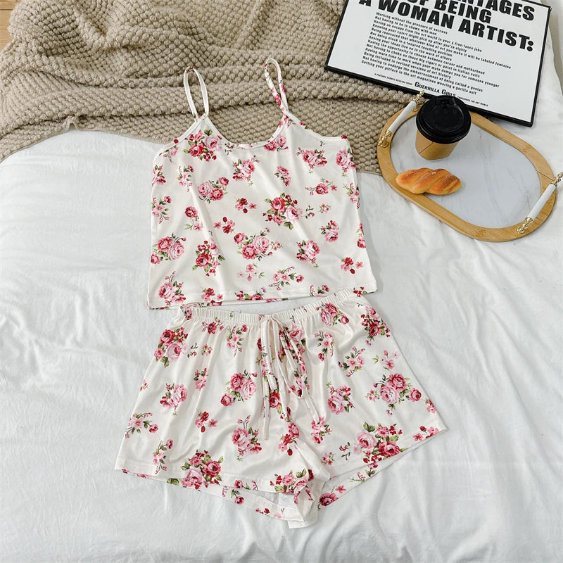Summer Women's Cherry Print Pajama Set Sexy Ice Silk Sleeveless Vest and Shorts Girls Casual Cute Printed Sleepwear for Lounging