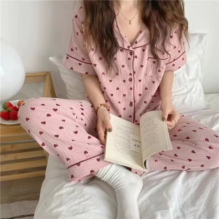 Cotton Women's Pajamas Korean Sleepwear Summer 2021 Pijama Heart Print Pyjamas Short Sleeve 2 Piece Set Suits Loungewear